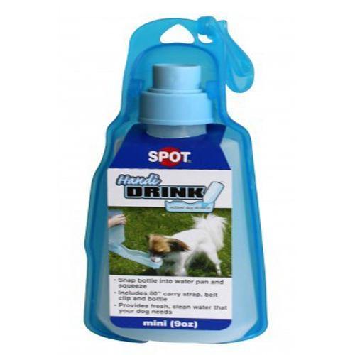9 oz Mini Handi-Drink Instant Dog Drinker. Snap the bottle into water pan and squeeze. Provides fresh, clean water that your dog needs. Includes a 60? carry strap belt clip and bottle. Comes in two colors – Seas Blue and Ice Blue.