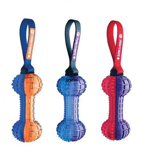 New Durable TPR rubber dog toy with extra strong strap. Just push in the rubber button to mute the toy and pull the strap to activate the squeaker. Comes in 3 assorted colors.